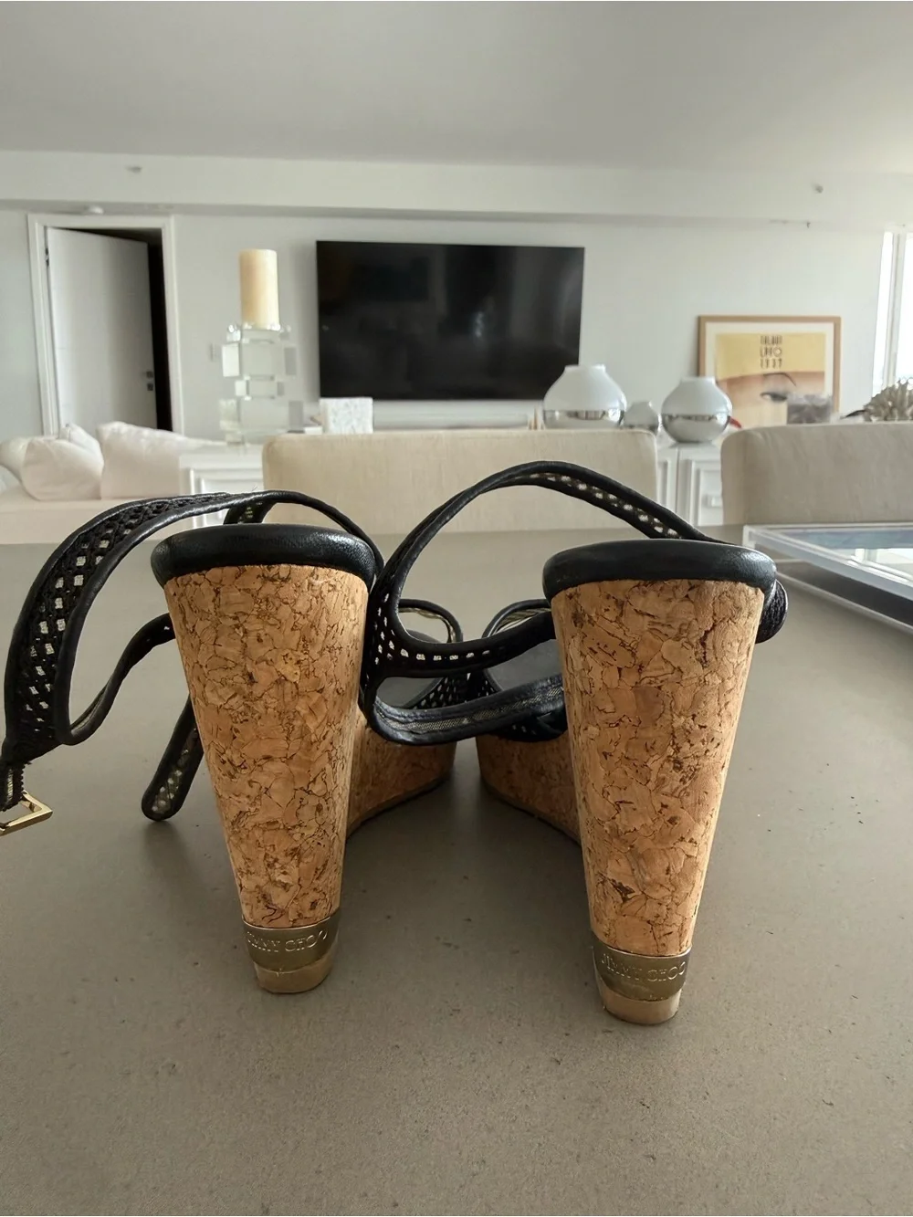 Jimmy Choo Black Mesh Cork Wedge Sandals